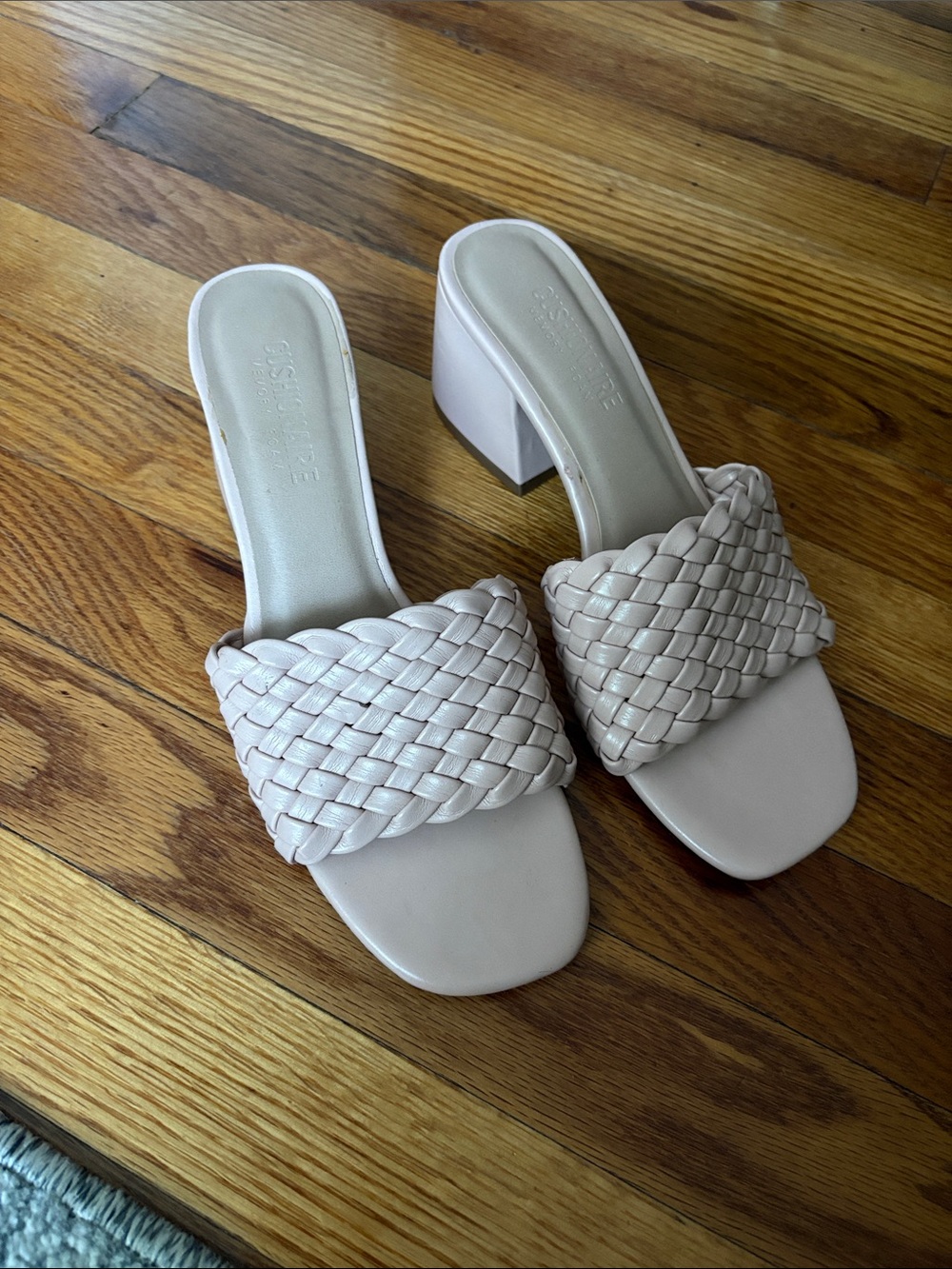 Braided Slide Block Heel Mules in Cream - Unbranded